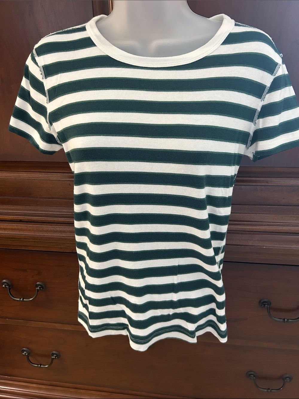 Three Dots Green/Navy and White Striped Short Sleeve Tee
